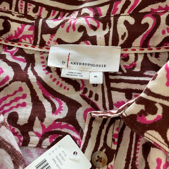 Anthropologie Tie-Front Linen Top in Brown And Pink XL New - Picture 8 of 11